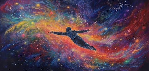「宇宙」という文字が書かれた銀河を飛んでいる人の絵