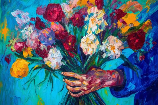 A painting of a person holding a bouquet of flowers.