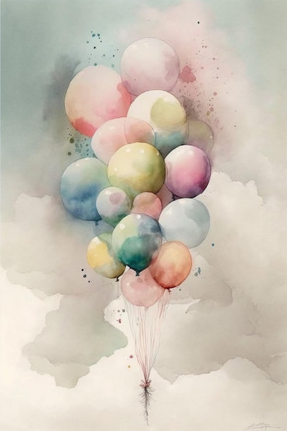 painting of a person holding a bunch of balloons in the sky generative ai