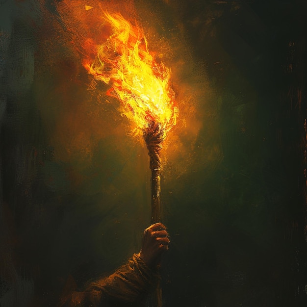 painting of a person holding a torch with a fire in it generative ai