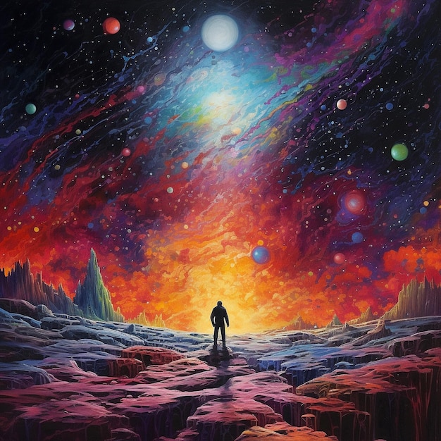 A painting of a person looking at the sky with the sun and stars in the background.