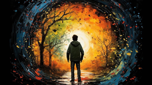 painting of a person looking through a tunnel is in front of several trees