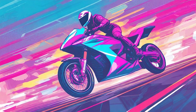 a painting of a person on a motorcycle with a colorful background