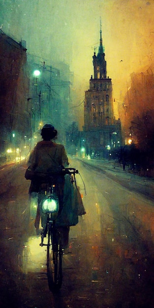 Painting of a person riding a bike on a city street