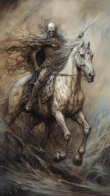 A painting of a person riding a horse with a long mane.