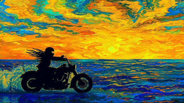 夕暮れのビーチでバイクに乗っている人の絵画