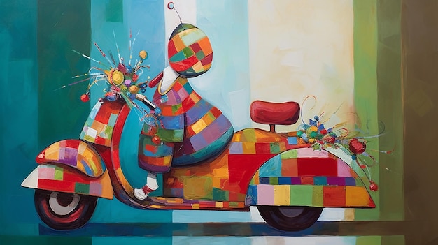 カラフルな四角形と花が描かれたスクーターに乗っている人の絵。