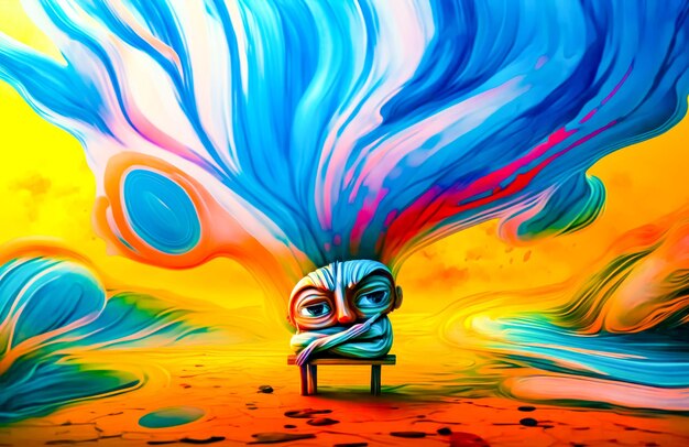 Painting of person sitting on bench in front of colorful sky generative ai