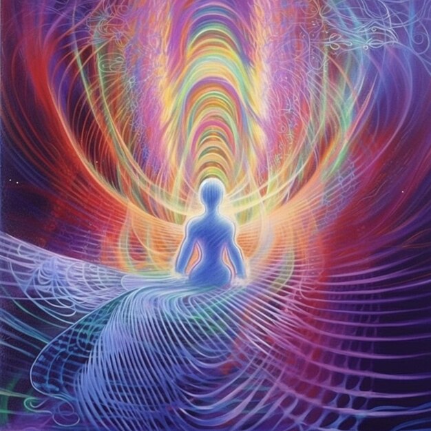 Photo a painting of a person sitting in a meditation position with a colorful swirl generative ai