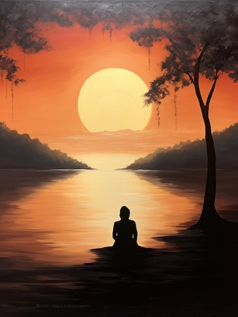 Painting of a person sitting on a rock in front of a lake generative ai