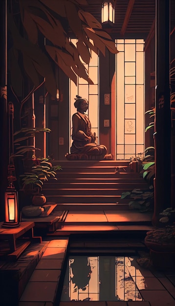 A painting of a person sitting on a stairs in front of a window with a lantern and a plant.