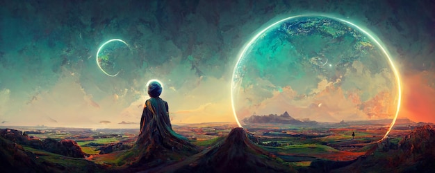 A painting of a person sitting on a tree trunk with the planet earth in the background.