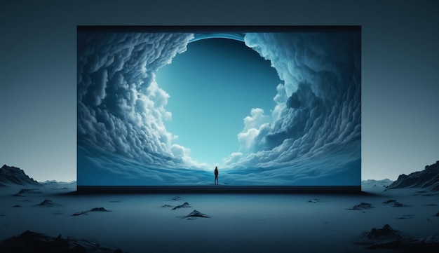 A painting of a person standing in a dark room with a hole in the middle that says'the sky is a tunnel '