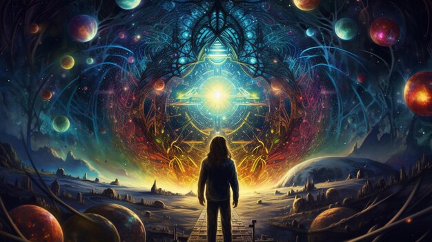 painting of a person standing in front of a giant portal generative ai