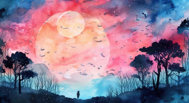 A painting of a person standing in front of a pink and blue sky with the sun shining