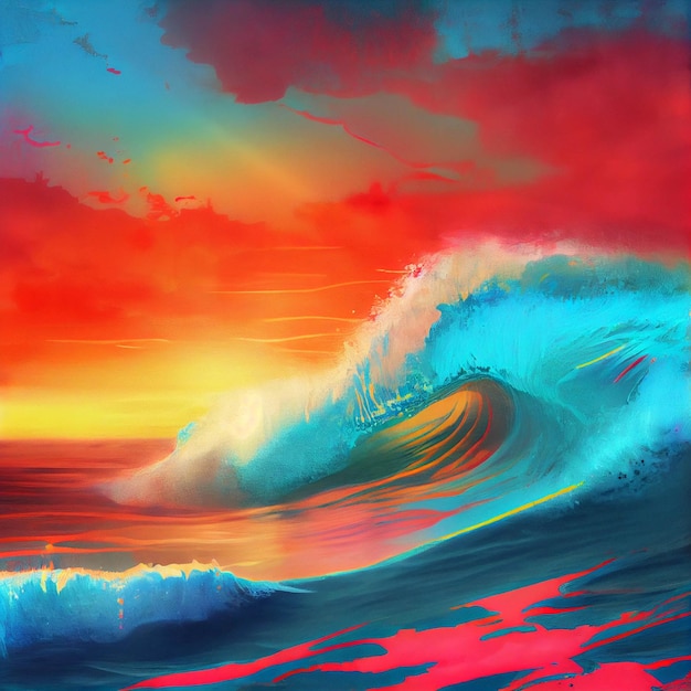 Painting of a person on a surfboard riding a wave generative ai