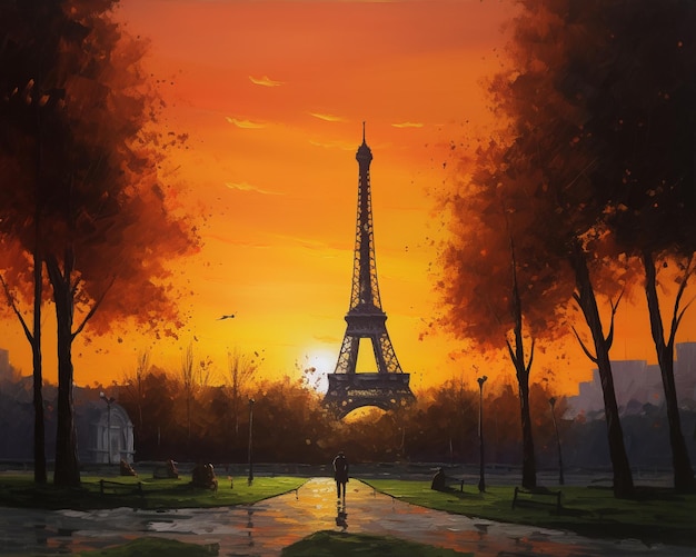 A painting of a person walking in front of a tree with the eiffel tower in the background.