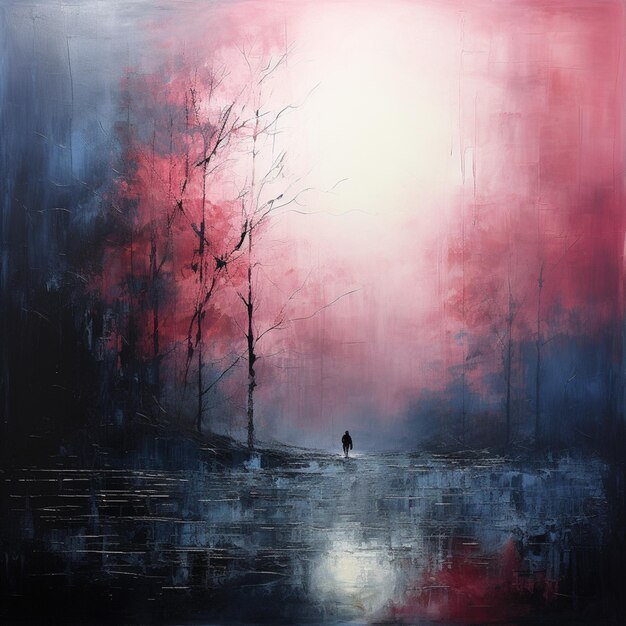 Photo painting of a person walking in a park with a red sky generative ai