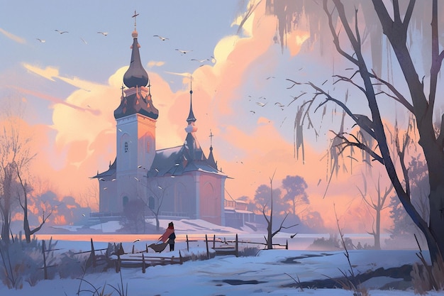 Painting of a person walking in a snowy area with a church in the background generative ai
