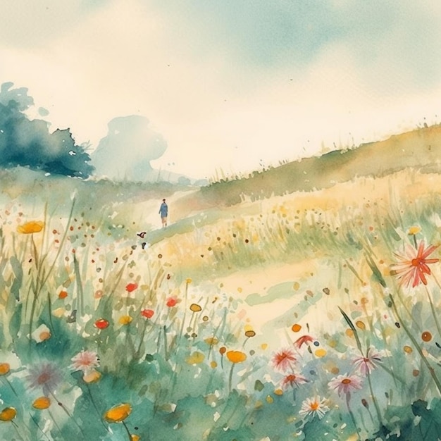 painting of a person walking through a field of flowers generative ai