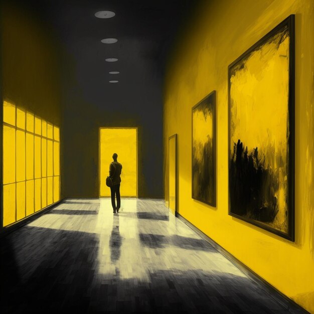 Painting of a person walking through a hallway with paintings on the walls generative ai