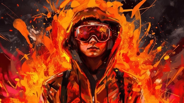 A painting of a person wearing goggles and a hoodie with the word ski on it.