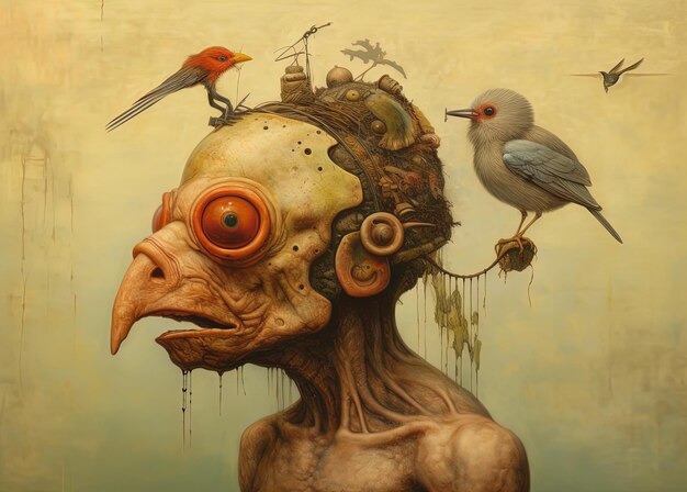 a painting of a person with a bird on his head and a bird on the top of the head