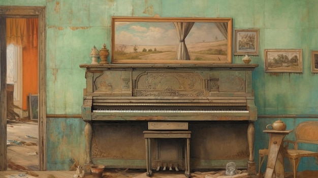 A painting of a piano sits on a green wall.