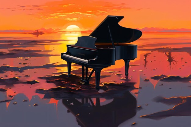 Painting of a piano sitting on top of a beach