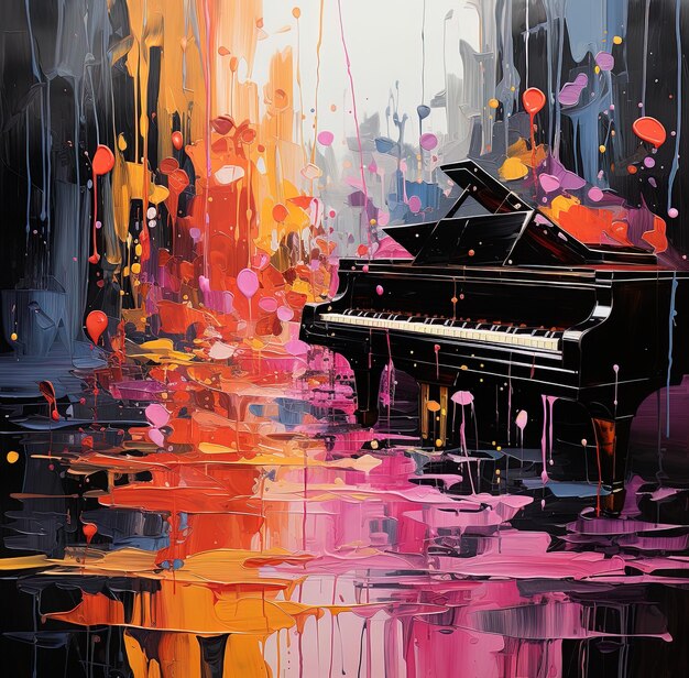 a painting of a piano with a colorful background and a reflection of a piano