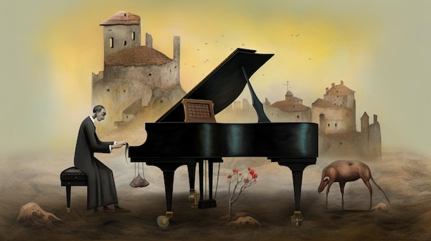 A painting of a piano with a man playing a piano.