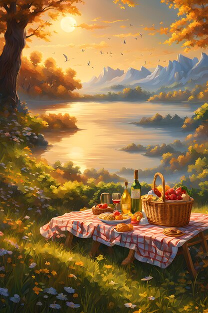 A painting of a picnic by the lake to a forest ai generated