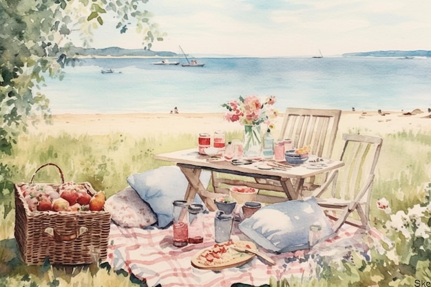 painting of a picnic table with a basket of fruit and a basket of flowers generative ai