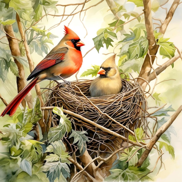 Картина пары птиц и гнезда на нем
