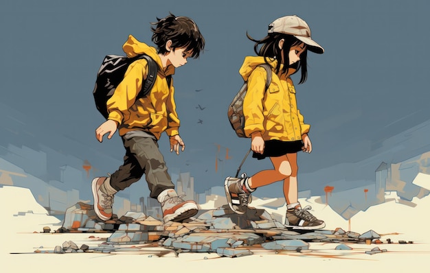 Painting picture of a pair of kids playing together with new shoes