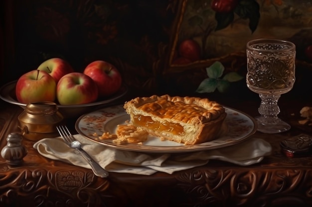 A painting of a pie and a cup of apples