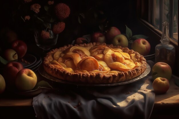 A painting of a pie with apples on it