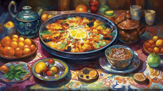 A painting of a pie with a bowl of food on it.