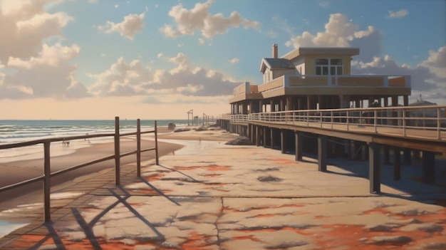 Painting of a pier with a building and a beach in the background generative ai