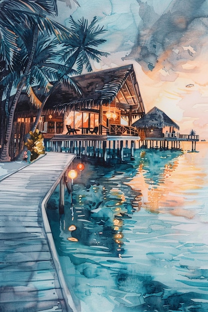 painting of a pier with a hut and palm trees at sunset generative ai