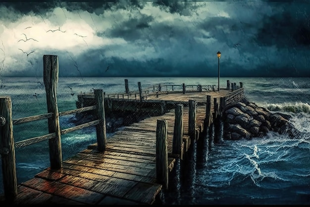 A painting of a pier with a stormy sky above it.