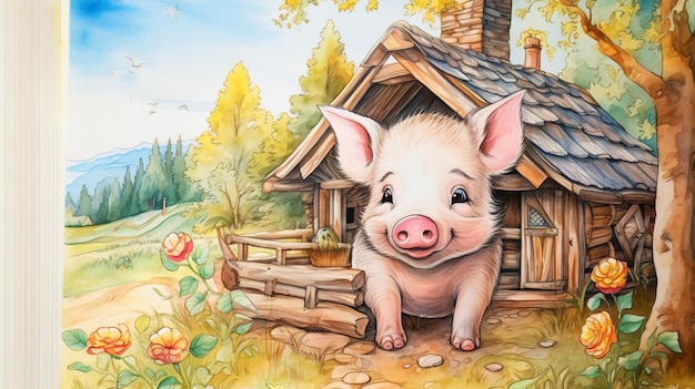 painting of a pig in front of a small wooden cabin generative ai