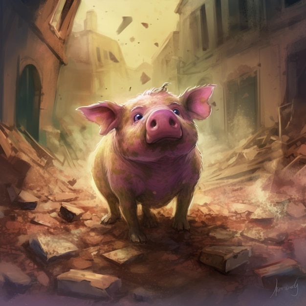 Картина свиньи, стоящей на разрушенной городской улице