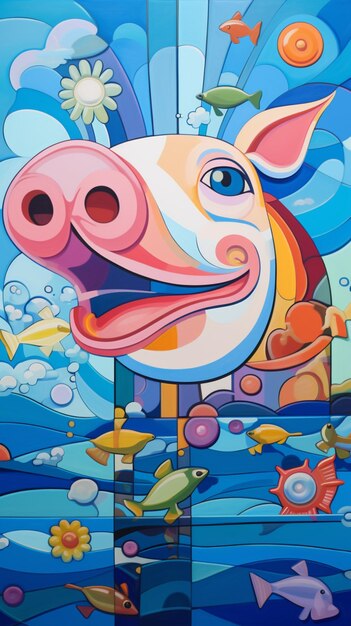 Photo painting of a pig with a fishy face in a blue ocean generative ai