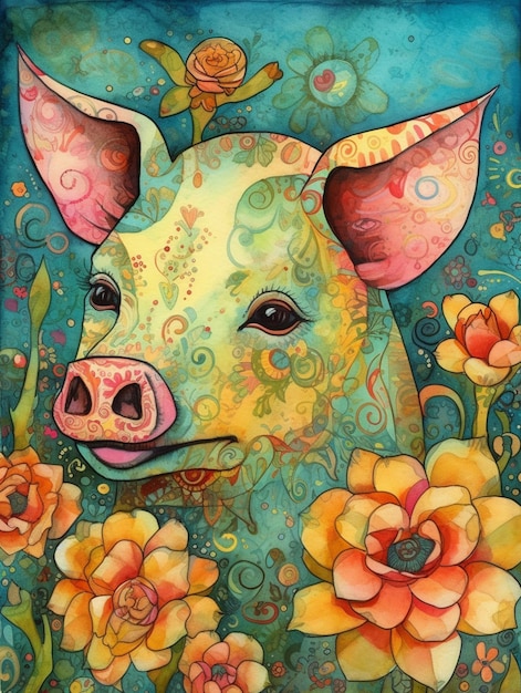 painting of a pig with flowers and swirls in a blue background generative ai
