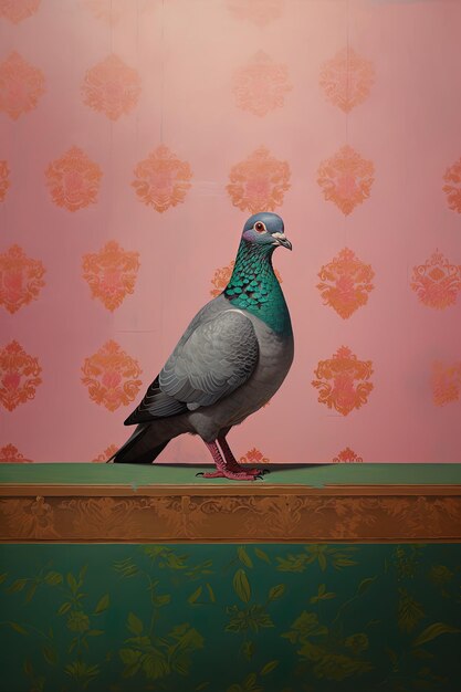 a painting of a pigeon on a pink wall with a pink background