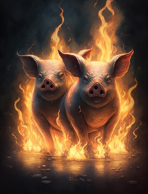 A painting of pigs on fire