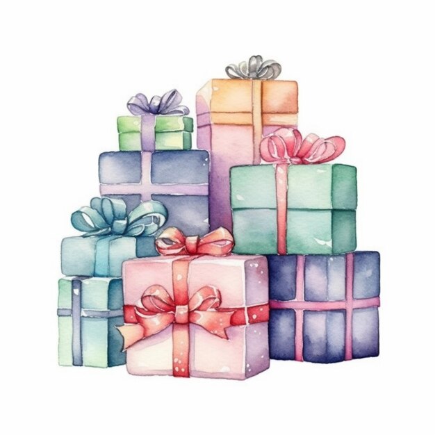 a painting of a pile of colorful gift boxes with bows generative ai