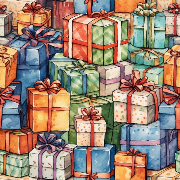 a painting of a pile of colorful wrapped presents with bows generative ai