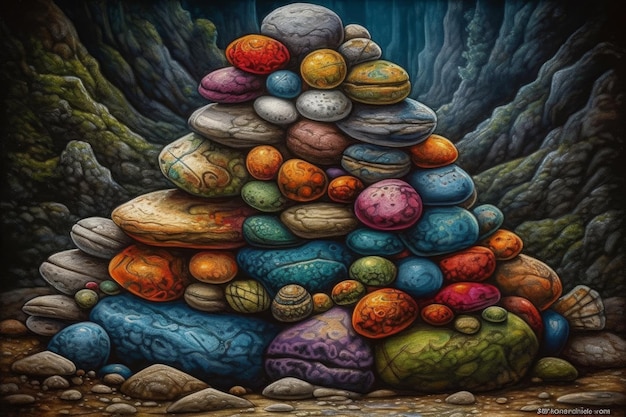 A painting of a pile of rocks with the words the rocks on the bottom